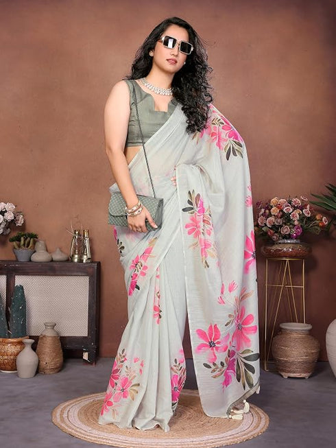 Vasthrlay Off White Floral Printed Design Linen Saree With Solid Unstitched Linen Blouse Piece