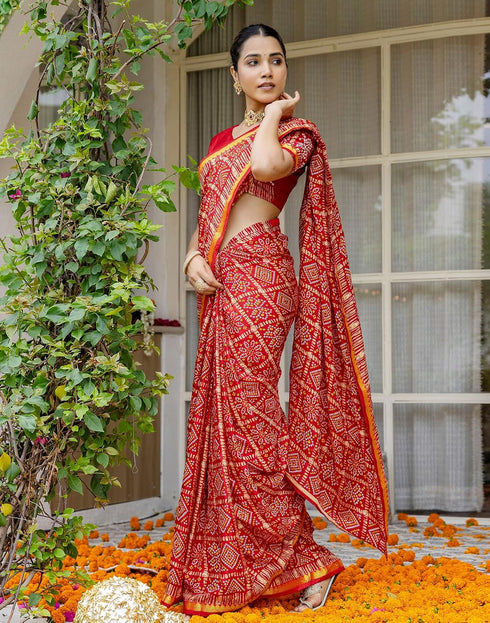 Vasthrlay Bandhani Printed Red Saree With Unstitched Blouse Piece