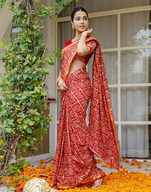 Vasthrlay Bandhani Printed Unstitched Red Saree