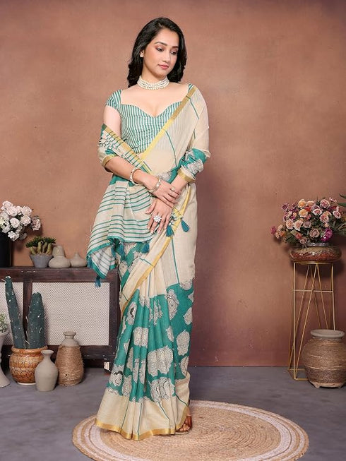Vasthrlay Off White Kathakali Print Linen Saree With Gold Zari Border And Unstitched Blouse Piece