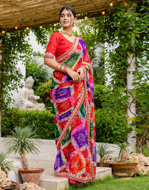 Vasthrlay Georgette Embroidery Unstitched Red Saree