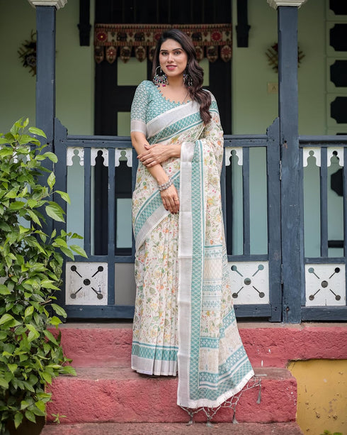 Vasthrlay Turquoise Floral Embroidered Saree