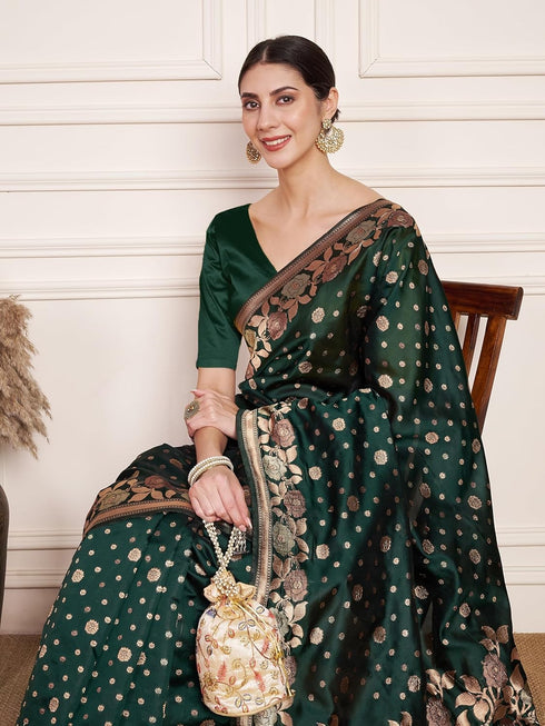Vasthrlay Kanjeevaram Silk Unstitched Green Bottle Ethnic Wear