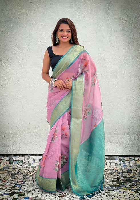 Vasthrlay Kanjivaram Organza Kalamkari Cream Purple Ethnic Wear