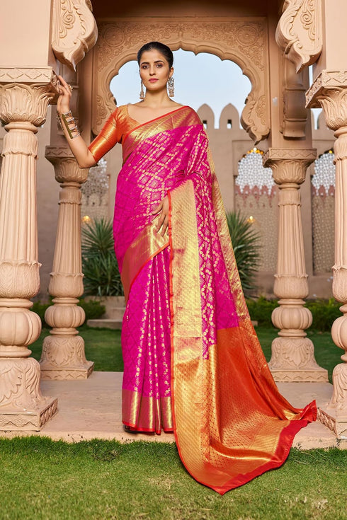 Vasthrlay Patola Silk Saree | Rani Pink, Ready Pleated with Unstitched Blouse Piece