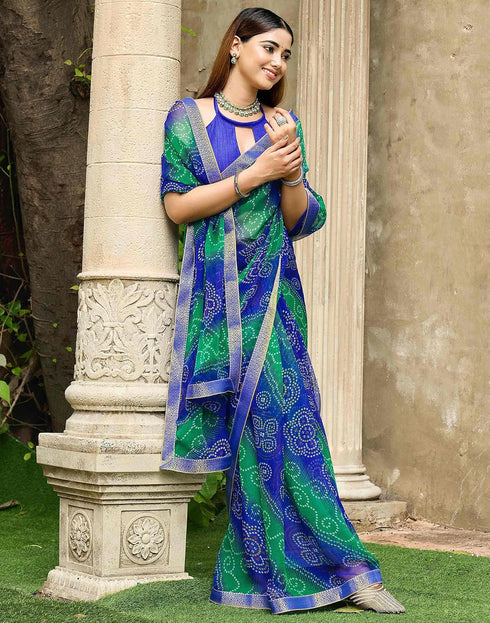 Vasthrlay Chiffon Bandhani Printed Green And Blue Saree With Unstitched Blouse Piece