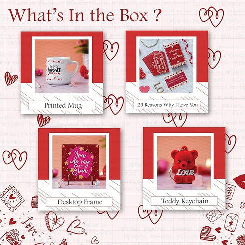 Dreamica Printed I Love You Printed Mug with Standee, 25 Reasons Why I Love You Cards and Keychain | Best Valentine Day Gift