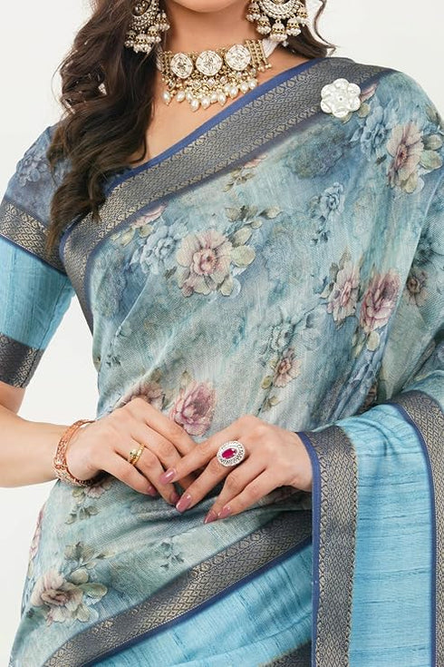 Vasthrlay Cerulean Blue Patchwork Print Polyester Saree With Zari Border And Unstitched Blouse Piece