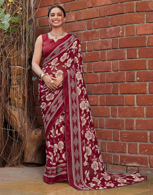 Vasthrlay Georgette Printed Maoon Saree With Unstitched Blouse Piece
