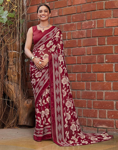 Vasthrlay Georgette Printed Unstitched Maroon Saree