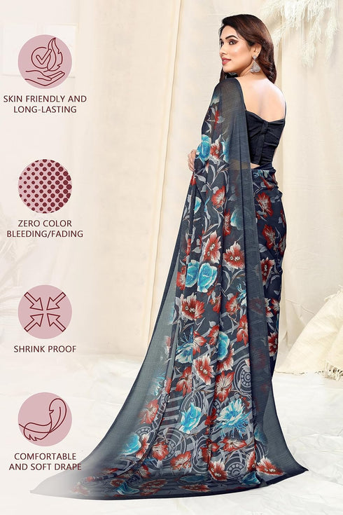 Vasthrlay Fashion Chiffon Printed Navy Ethnic Wear