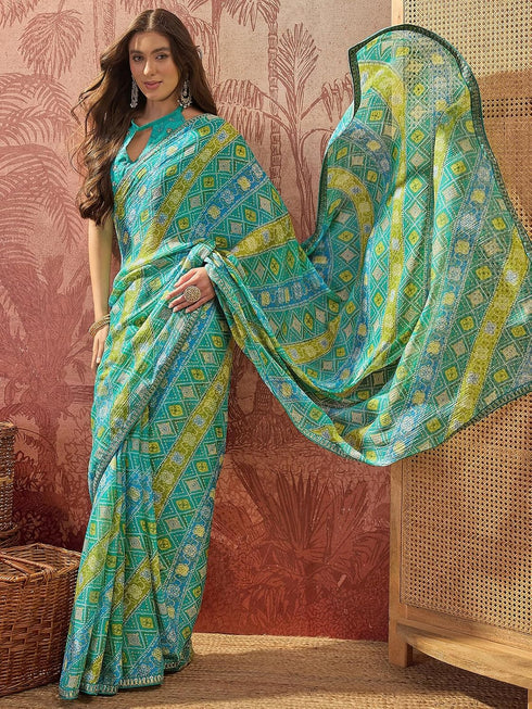 Vasthrlay Chiffon Bandhani Turquoise Saree With Unstitched Blouse Piece