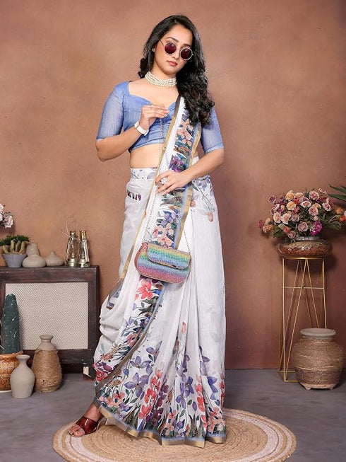 Vasthrlay White1 Womens Linen Ready To Wear Saree