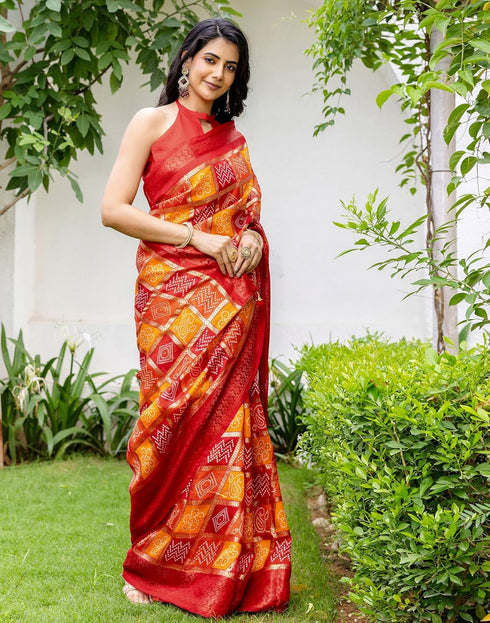 Vasthrlay Chanderi Bandhani Unstitched Red Saree