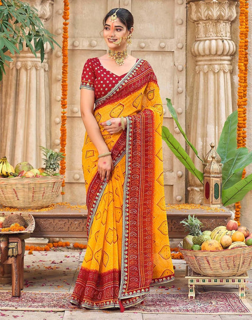 Vasthrlay Georgette Embroidery Yellow And Red Saree With Unstitched Blouse Piece