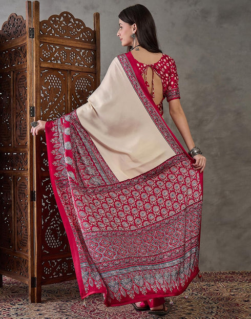 Vasthrlay Printed Tassels Cream | Cherry Red Saree With Unstitched Blouse Piece