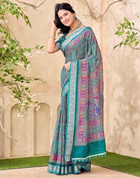 Vasthrlay Georgette Printed Teal Green Saree With Unstitched Blouse Piece