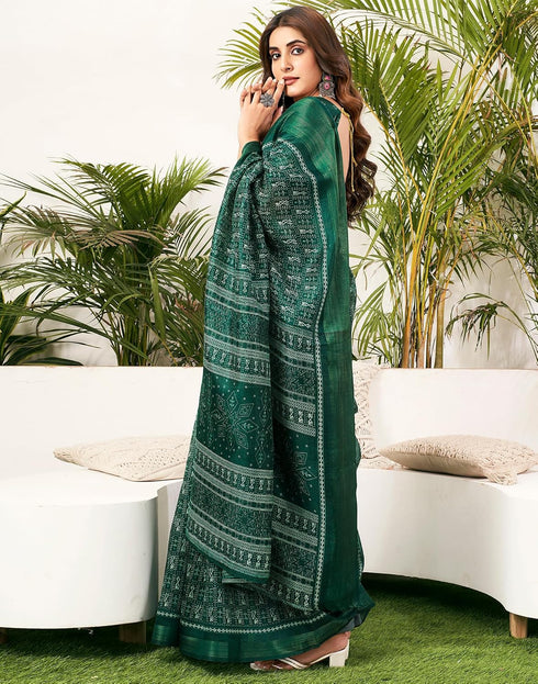 Vasthrlay Womens Printed Dark Green Saree With Unstitched Blouse Piece