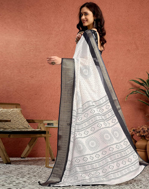 Vasthrlay Womens Printed White And Black Saree With Unstitched Blouse Piece