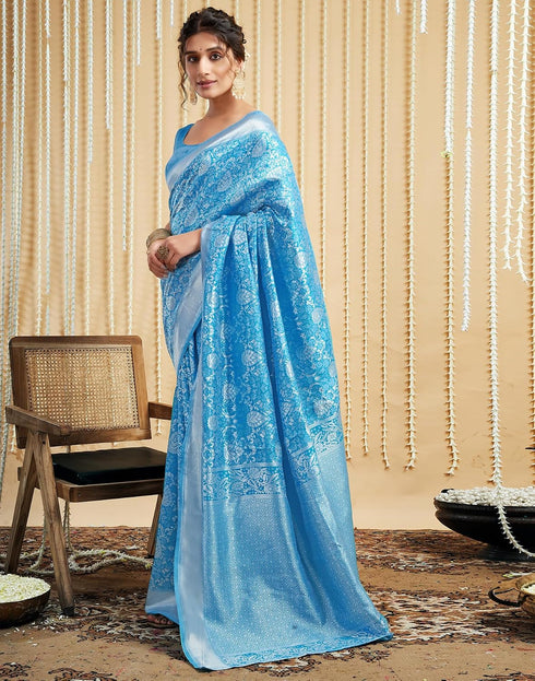 Vasthrlay Womens Banarasi Jacquard Sky Blue Saree With Unstitched Blouse Piece