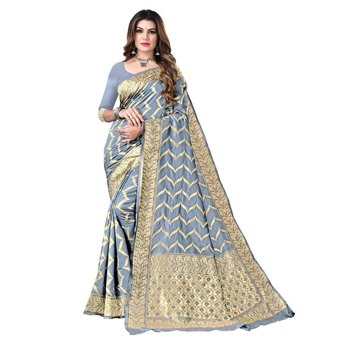 Vasthrlay Grey Kanjivaram Unstitched Saree