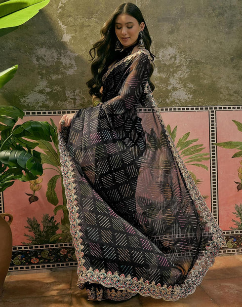 Vasthrlay Scalloped Embroidery Black Saree With Unstitched Blouse Piece