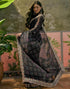 Vasthrlay Scalloped Embroidery Black Saree With Unstitched Blouse Piece