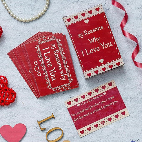 Dreamica Printed I Love You Printed Mug with Standee, 25 Reasons Why I Love You Cards and Keychain | Best Valentine Day Gift