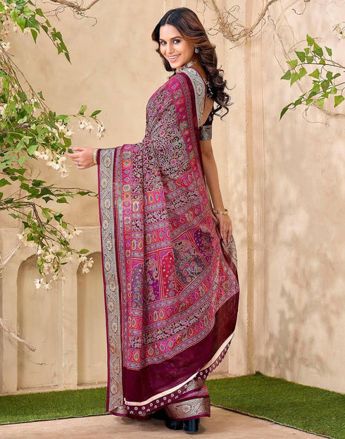 Vasthrlay Georgette Printed Wine Saree With Unstitched Blouse Piece