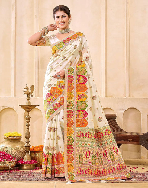 Vasthrlay Banarasi Jacquard White | Multicolour Saree With Unstitched Blouse Piece