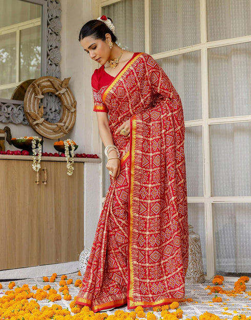 Vasthrlay Bandhani Printed Red Saree With Unstitched Blouse Piece
