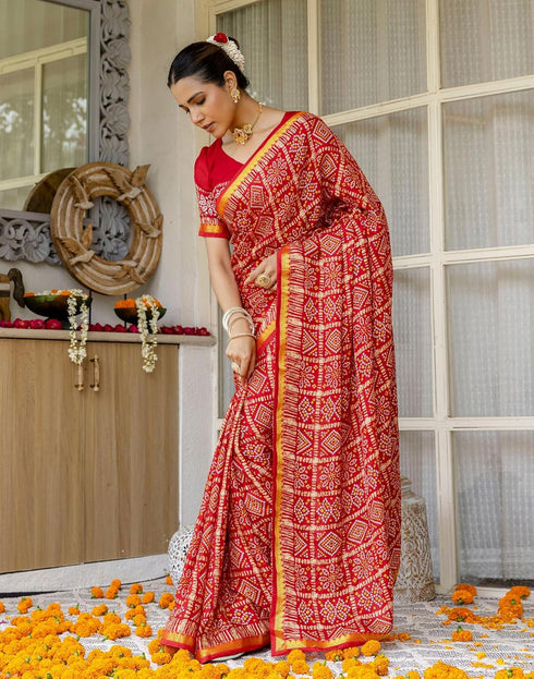 Vasthrlay Bandhani Printed Unstitched Red Saree