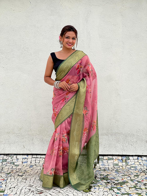 Vasthrlay Kanjivaram Organza Kalamkari Cream Purple Ethnic Wear