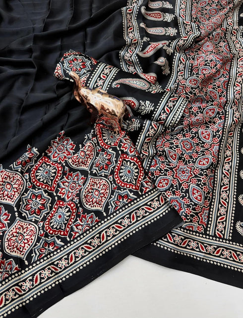 Vasthrlay Ajrakh Saree Crepe