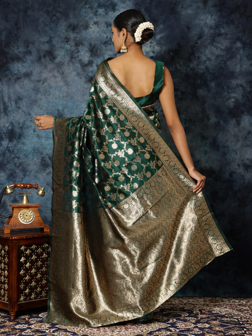 Vasthrlay Bottle Green Banarasi Saree