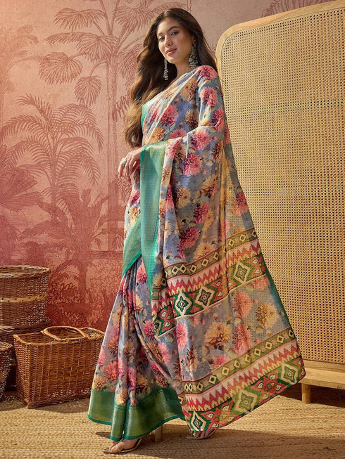 Vasthrlay Printed Jacquard Unstitched Dusty Pink Saree