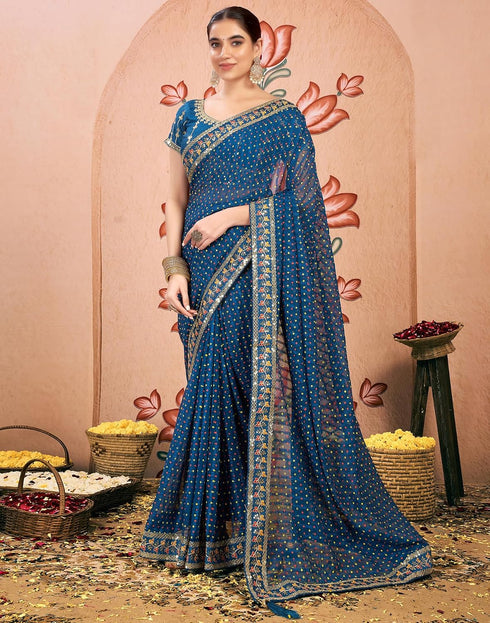 Vasthrlay Bandhani Embroidery Rama Blue Saree With Unstitched Blouse Piece