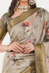 Vasthrlay Off White Textured Polyester Saree With Kalamkari Floral Border And Ruched Unstitched Blouse Piece