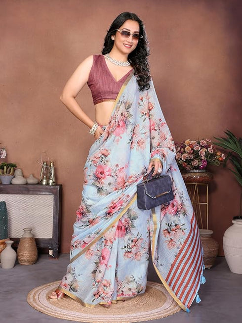 Vasthrlay Blue Linen Floral | Striped | Check Design Printed Saree With Solid Unstitched Linen Blouse Piece