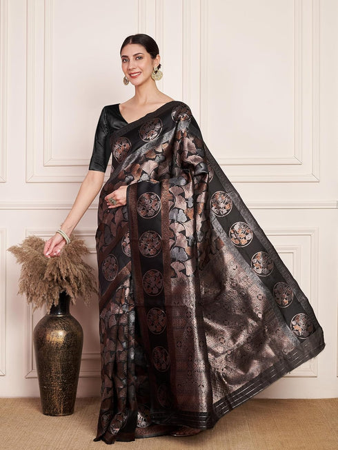 Vasthrlay Kanjeevaram Silk Unstitched Black Free Ethnic Wear