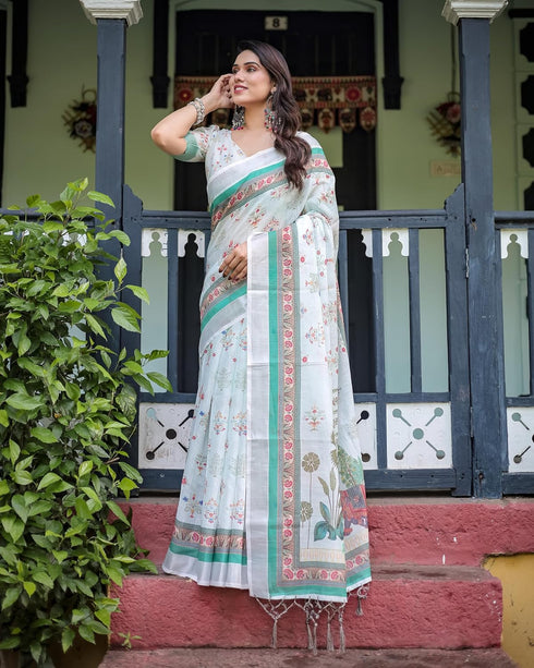 Vasthrlay Turquoise Floral Embroidered Saree