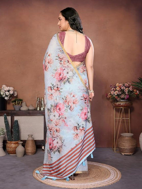 Vasthrlay Blue Linen Floral | Striped | Check Design Printed Saree With Solid Unstitched Linen Blouse Piece