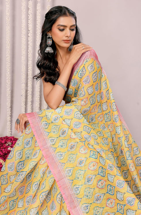 Vasthrlay Yellow Cotton Printed Saree