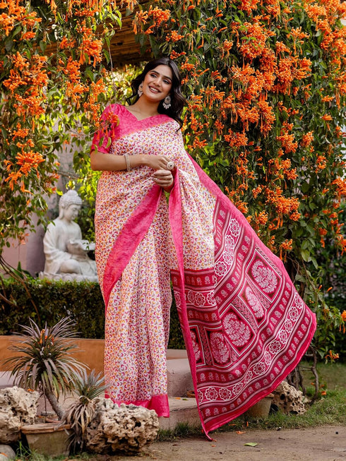 Vasthrlay Womens Printed Unstitched White Saree
