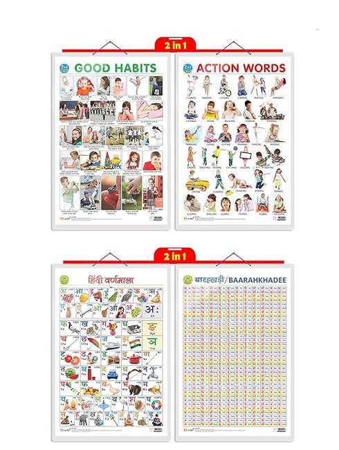 Educational Charts - Hindi Varnmala Chart, Alphabet, Numbers 1-20, Animals-2, Birds, Vehicles, Good Habits, Food, Action Words and India Map