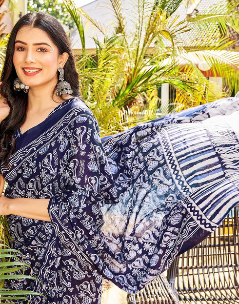 Vasthrlay Chanderi Bandhani Dark Blue Saree With Unstitched Blouse Piece
