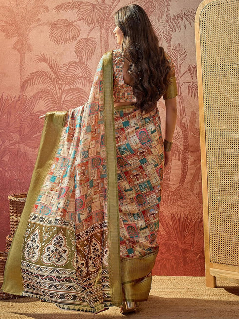 Vasthrlay Printed Jacquard Multicolour Saree With Unstitched Blouse Piece
