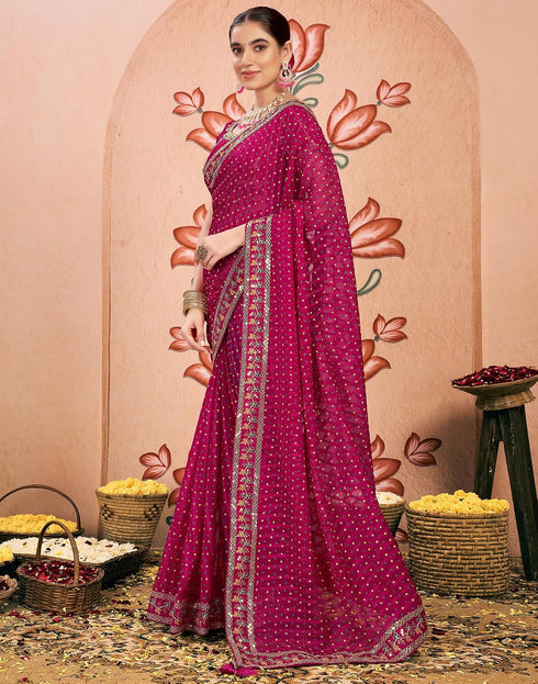 Vasthrlay Bandhani Embroidery Rani Pink And Golden Border Saree With Unstitched Blouse Piece