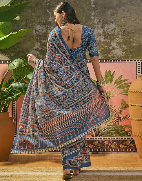 Vasthrlay Womens Printed Blue | Multi Saree With Unstitched Blouse Piece