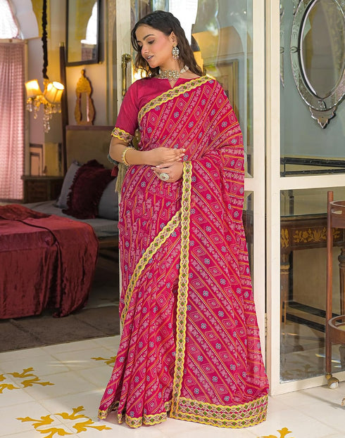 Vasthrlay Bandhani Embroidery Dark Pink | Multi Saree With Unstitched Blouse Piece
